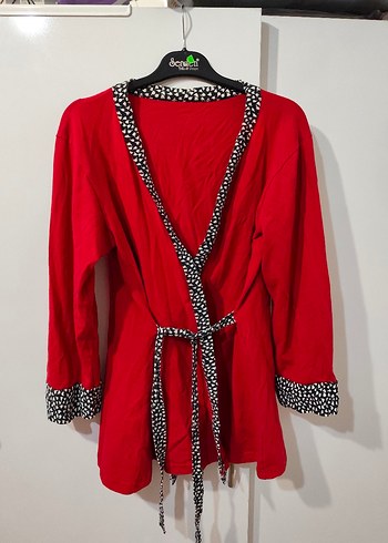 Kırmızı Midi Boylu Uzun Kollu Kadın Sabahlık - Görsel 2