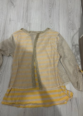 Sarı Desenli Örgü Kadın Tişört - Görsel 5