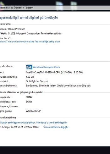 Sony Vaio Intel Core i3 İşlemcili dizüstü Bilgisayar