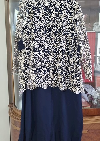 Lacivert Dantel İşlemeli Uzun Kadın Elbise - Görsel 3