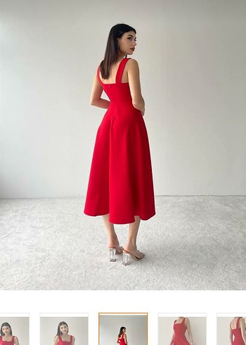 Kırmızı Midi Saten Straplez Elbise - Görsel 3