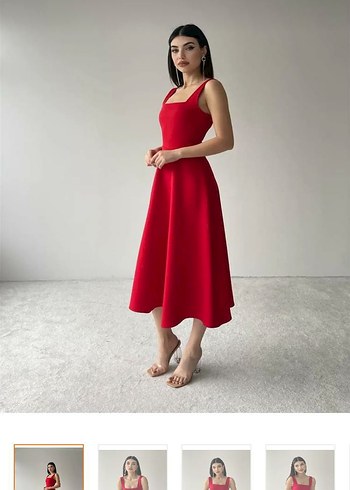 Kırmızı Midi Saten Straplez Elbise - Görsel 2