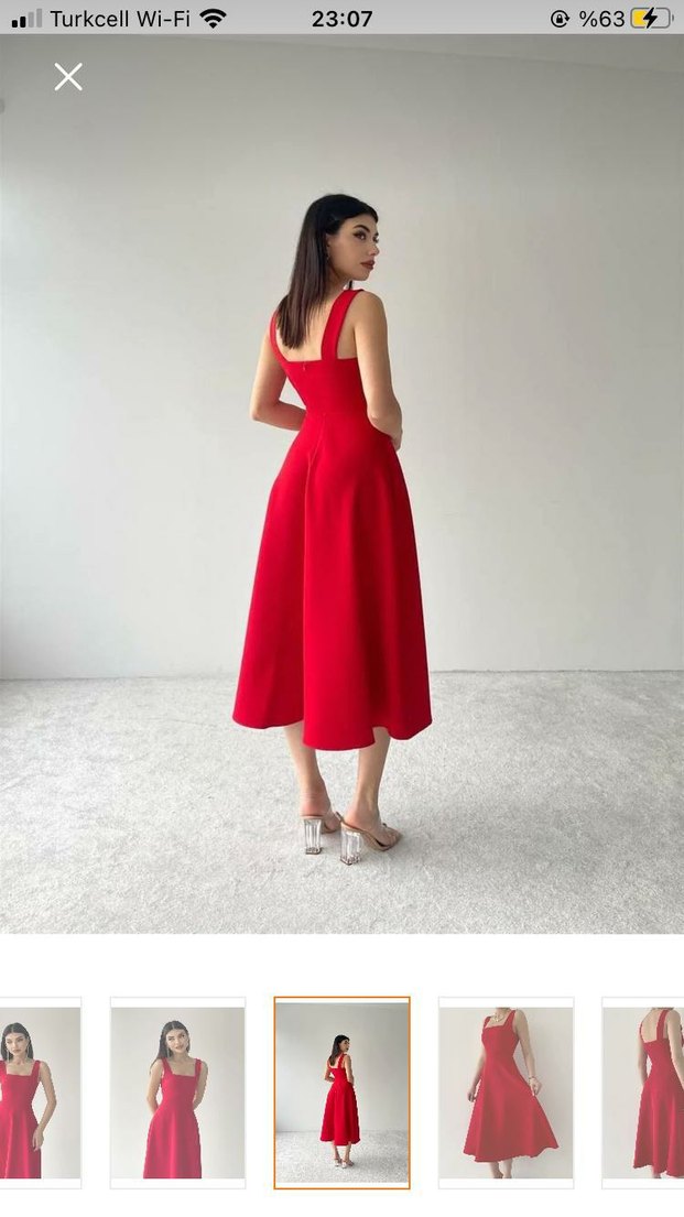 Kırmızı Midi Saten Straplez Elbise - Görsel 3