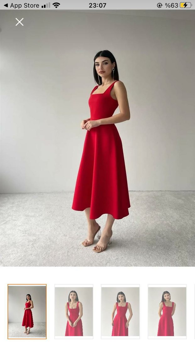 Kırmızı Midi Saten Straplez Elbise - Görsel 2