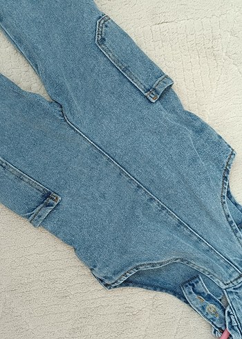 Kız Çocuk Mavi Bağlama Desenli Bol Kesim Denim Tulum - Görsel 3