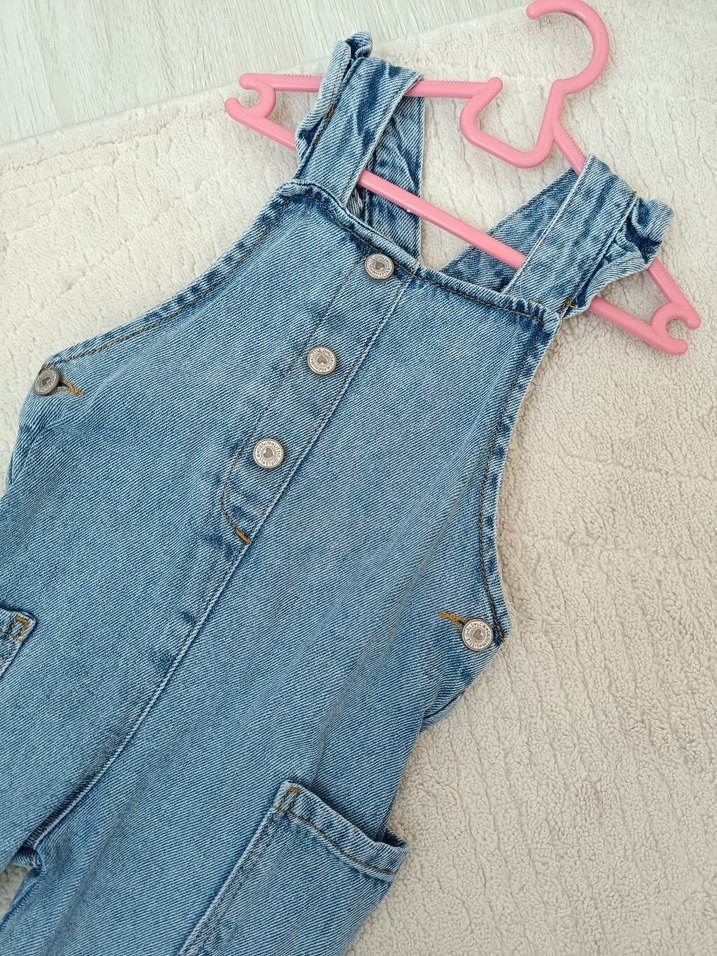 Kız Çocuk Mavi Bağlama Desenli Bol Kesim Denim Tulum - Görsel 2