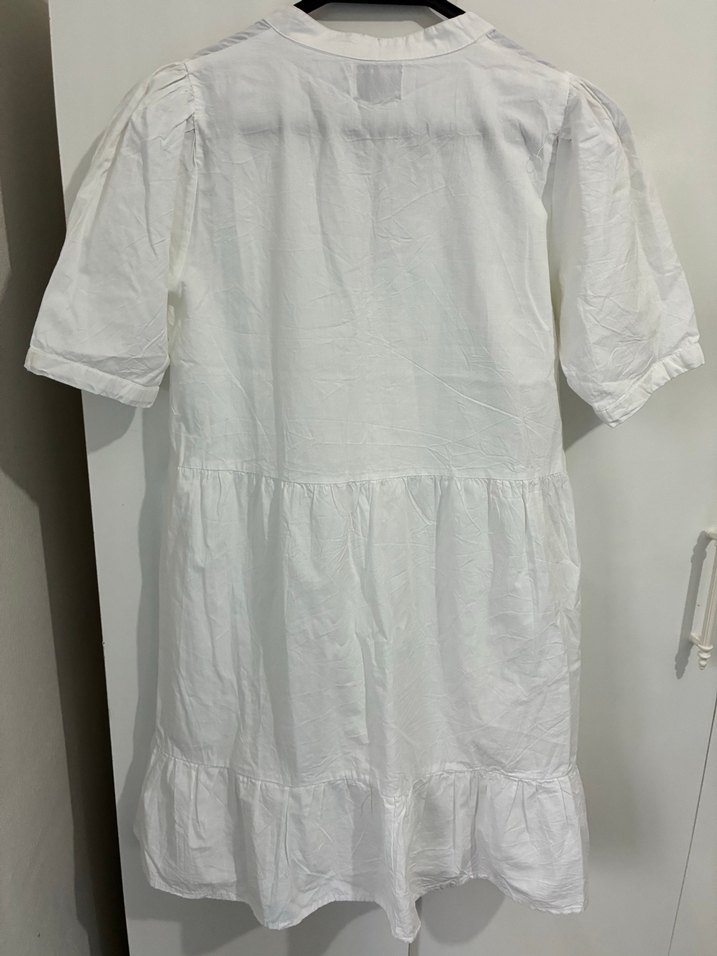 Beyaz Keten Midi Elbise V Yakalı - Görsel 5