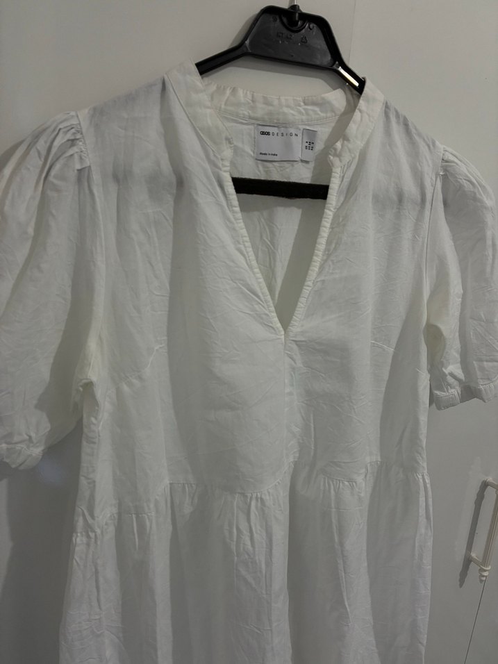 Beyaz Keten Midi Elbise V Yakalı - Görsel 2