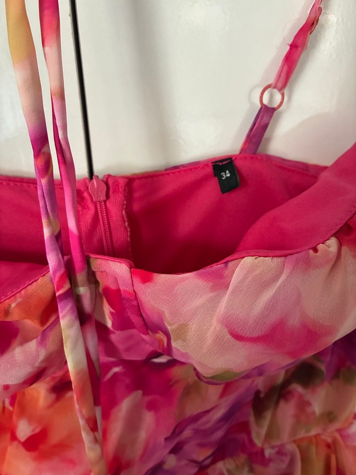 Pembe bağlama desenli uzun ince askılı elbise - Görsel 4