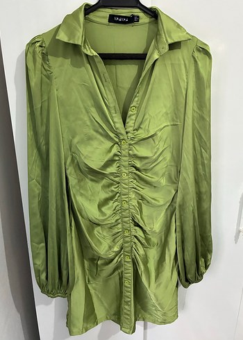 Zara Yeşil Drapeli Uzun Kollu Keten Kadın Gömlek