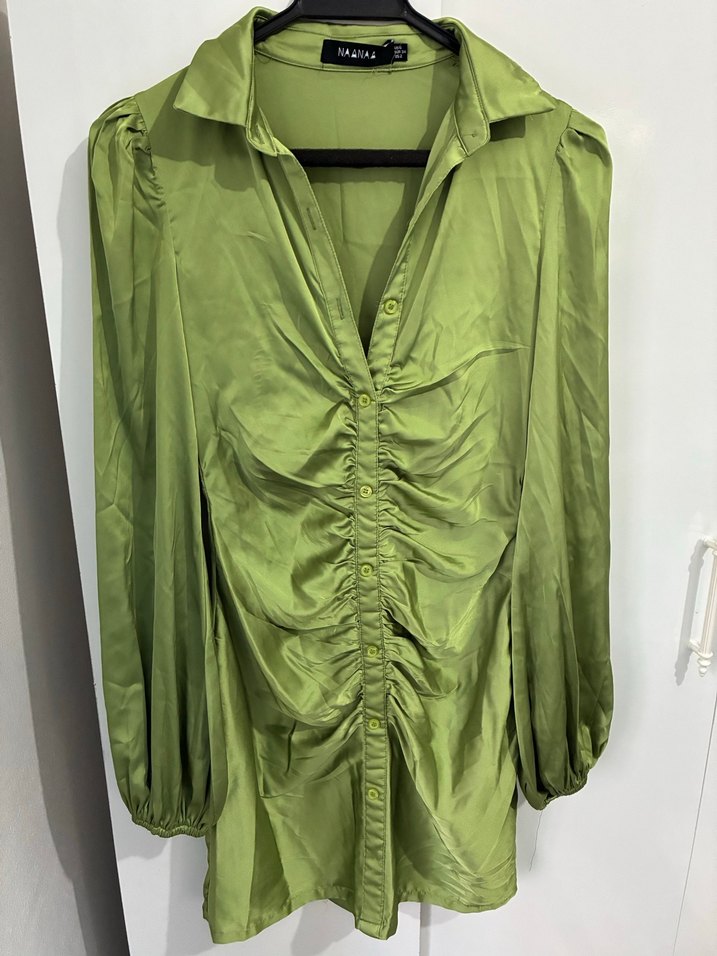 Yeşil Drapeli Uzun Kollu Keten Kadın Gömlek - Görsel 2