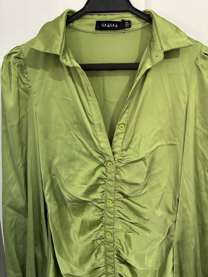 Yeşil Drapeli Uzun Kollu Keten Kadın Gömlek - Görsel 4