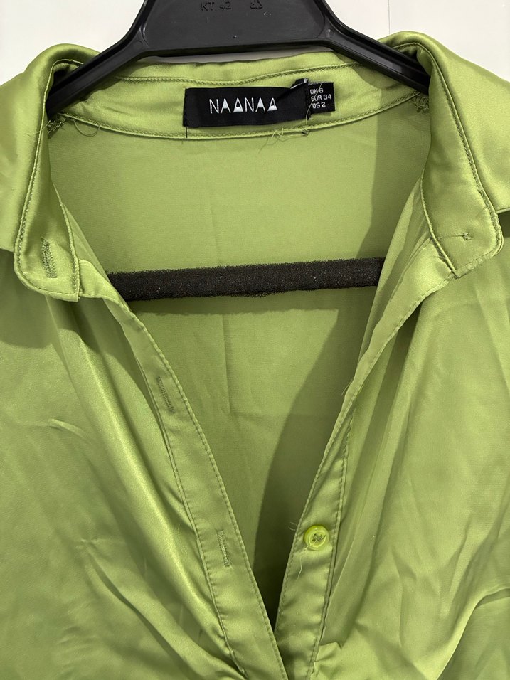 Yeşil Drapeli Uzun Kollu Keten Kadın Gömlek - Görsel 3