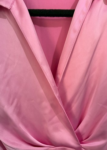 Zara Pembe Saten Mini V Yakalı Kadın Elbise - Görsel 6