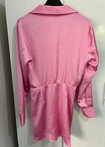 Zara Pembe Saten Mini V Yakalı Kadın Elbise - Görsel 4