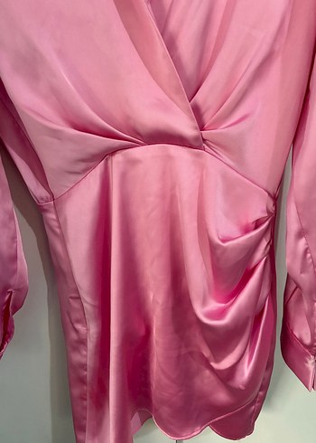 Zara Pembe Saten Mini V Yakalı Kadın Elbise - Görsel 5