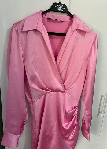 34 Beden pembe Renk Zara Pembe Saten Mini V Yakalı Kadın Elbise