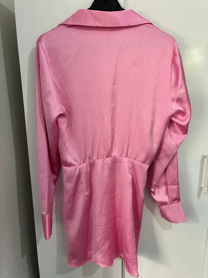 Zara Pembe Saten Mini V Yakalı Kadın Elbise - Görsel 4