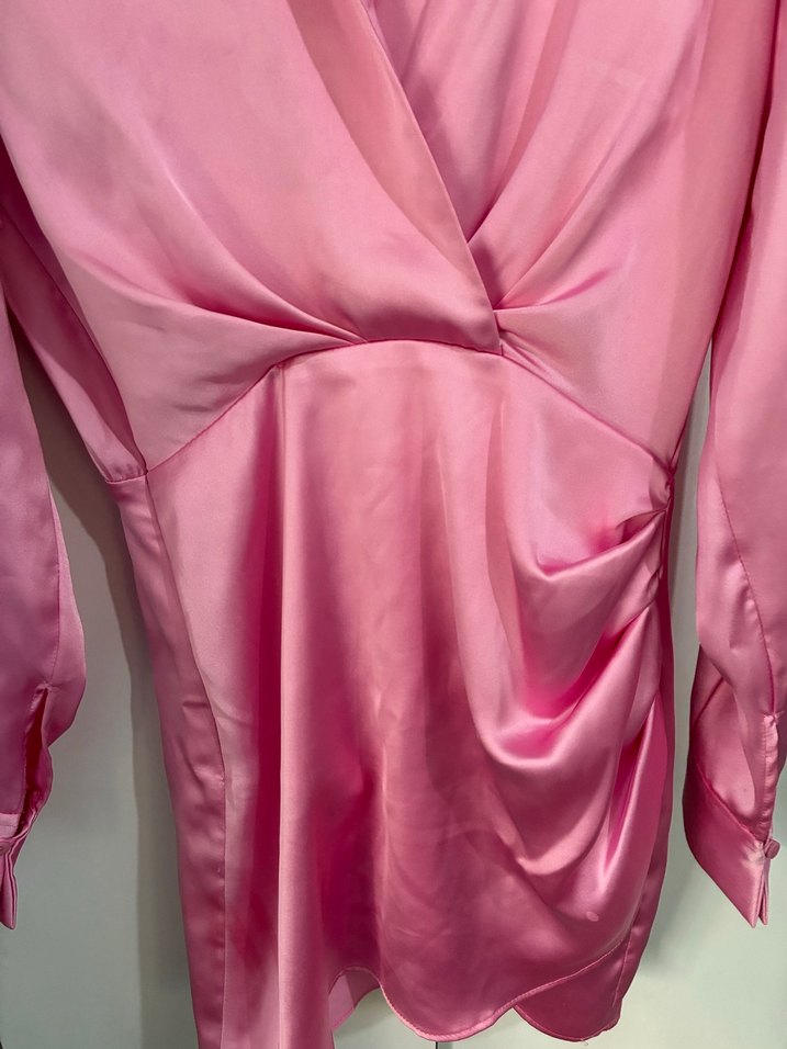 Zara Pembe Saten Mini V Yakalı Kadın Elbise - Görsel 5