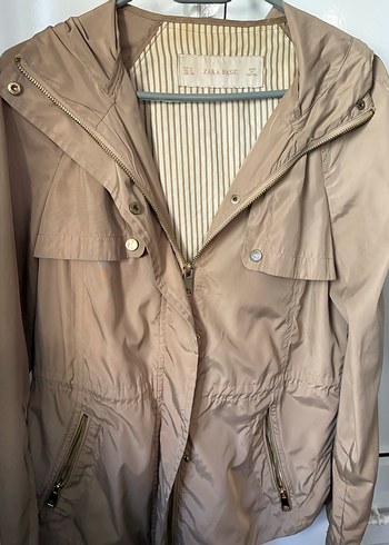 Zara Bej Midi Kadın Ceket, Gevşek Kesim, Kapüşonlu Yağmurluk - Görsel 4