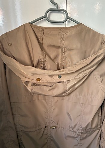 Zara Bej Midi Kadın Ceket, Gevşek Kesim, Kapüşonlu Yağmurluk - Görsel 6