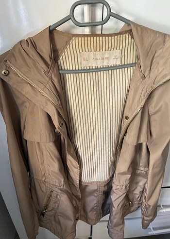 Zara Bej Midi Kadın Ceket, Gevşek Kesim, Kapüşonlu Yağmurluk - Görsel 2