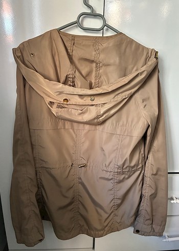 Zara Bej Midi Kadın Ceket, Gevşek Kesim, Kapüşonlu Yağmurluk - Görsel 5