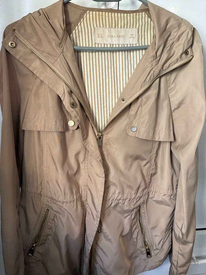 Zara Bej Midi Kadın Ceket, Gevşek Kesim, Kapüşonlu Yağmurluk - Görsel 4