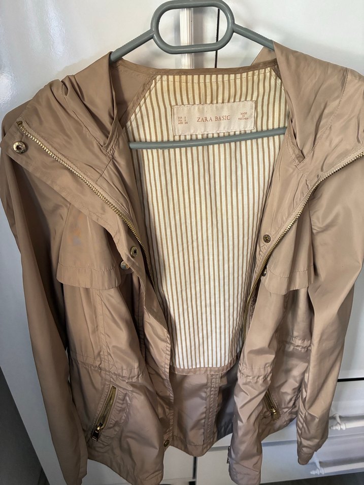 Zara Bej Midi Kadın Ceket, Gevşek Kesim, Kapüşonlu Yağmurluk - Görsel 2