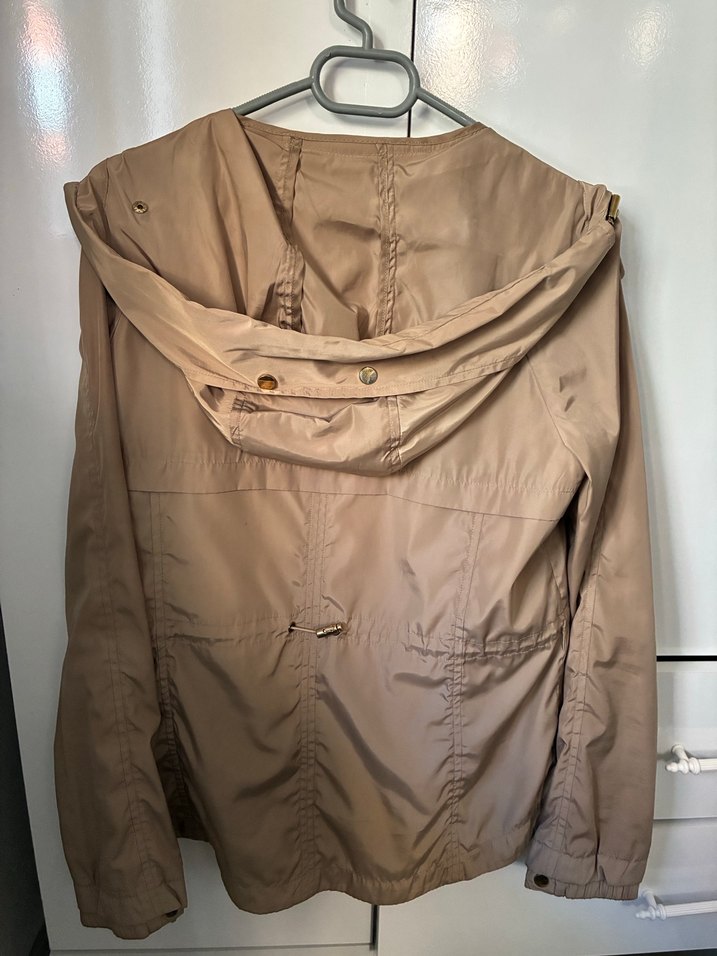 Zara Bej Midi Kadın Ceket, Gevşek Kesim, Kapüşonlu Yağmurluk - Görsel 5