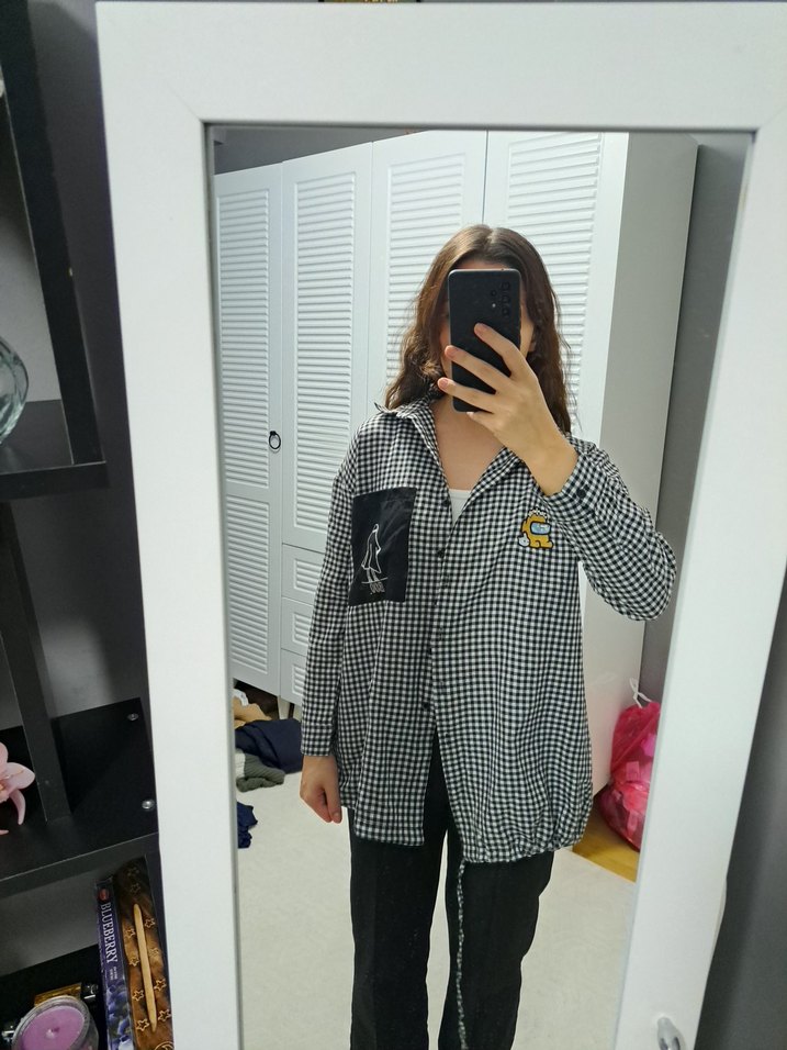 Düğmeli Kareli Kadın gömlek - Görsel 3