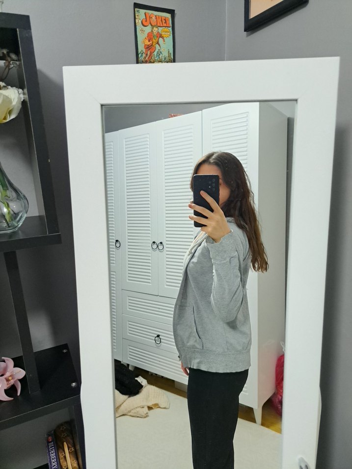 Gri Fermuarlı Kapüşonlu Kadın Sweatshirt - Görsel 2