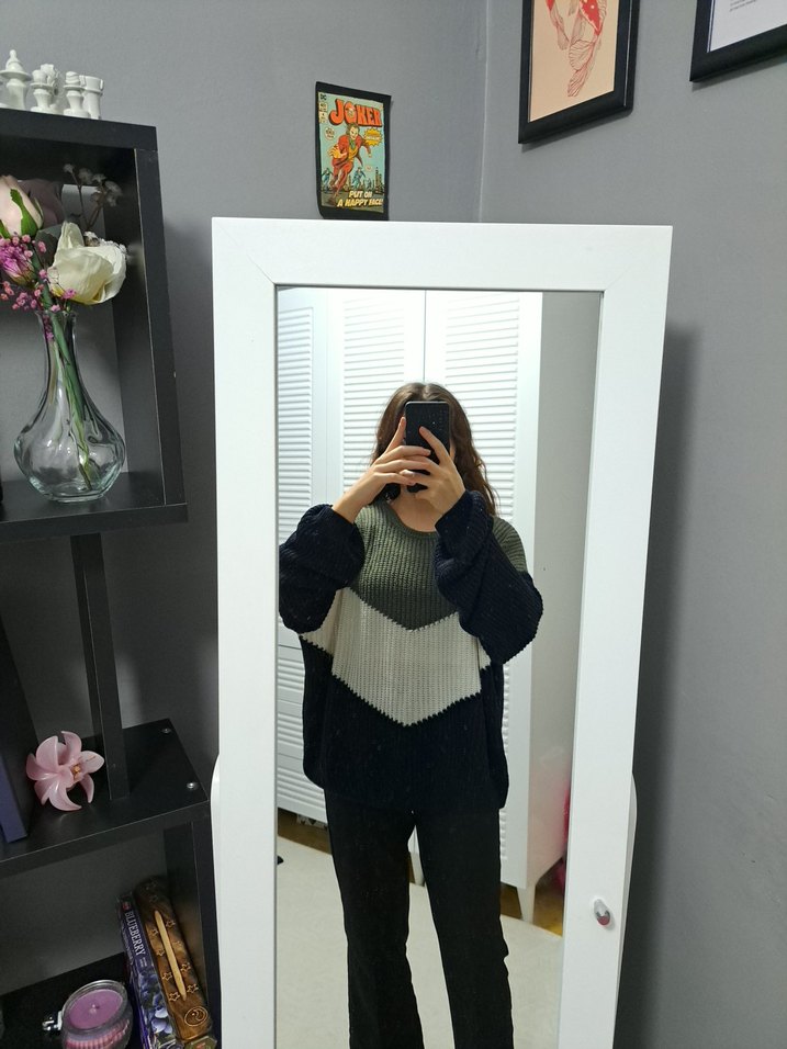 Renk Bloklu Örgü Kadın Kazak - Görsel 2