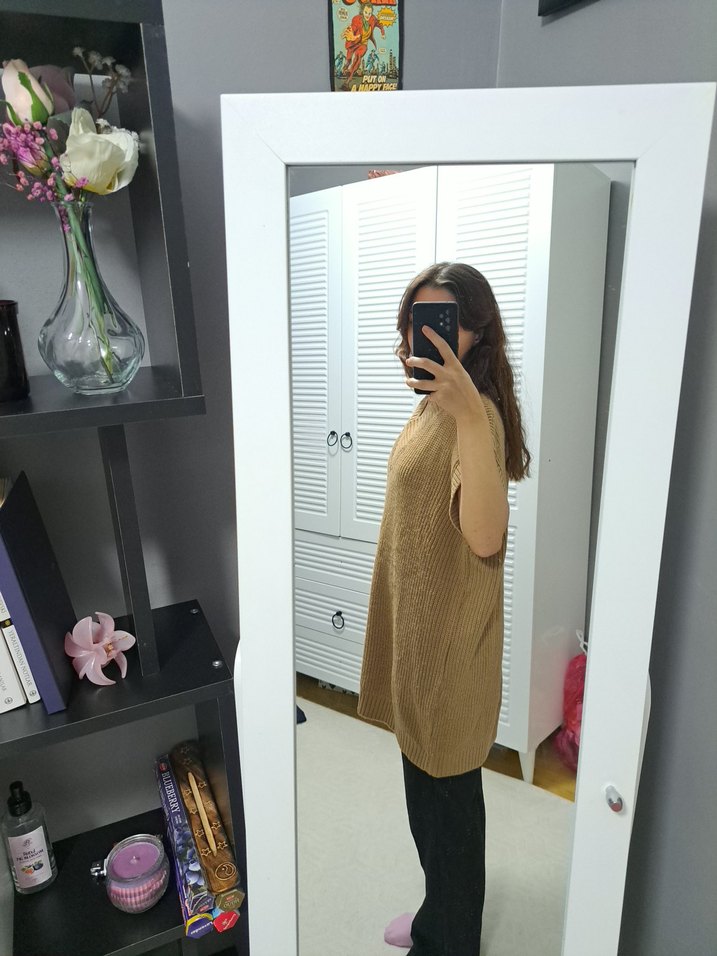 Kazak Yaka Kolsuz Bej Triko Süveter - Görsel 2