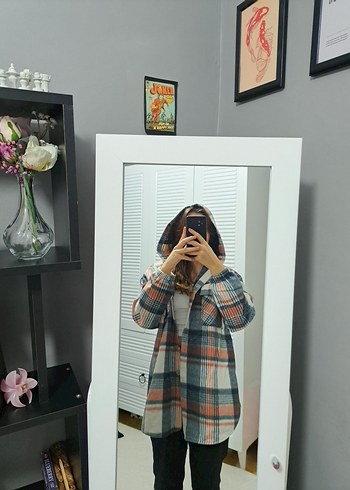 Çok Renkli Ekose Kapüşonlu Kadın kalın Gömlek - Görsel 3