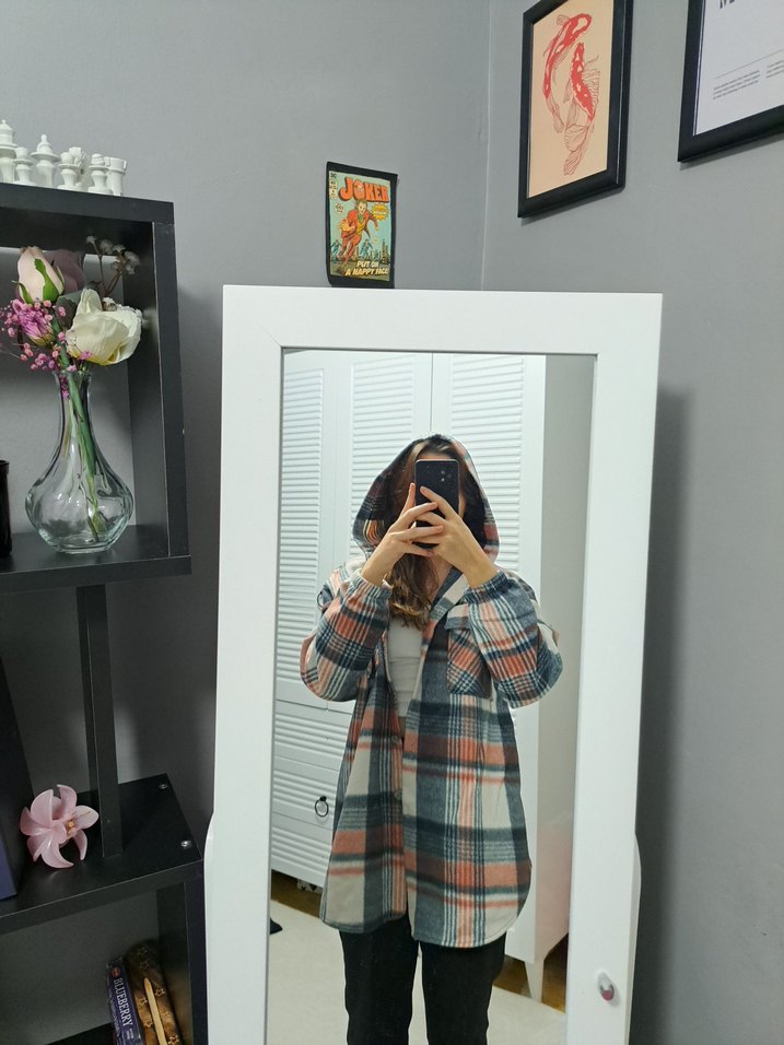 Çok Renkli Ekose Kapüşonlu Kadın kalın Gömlek - Görsel 3