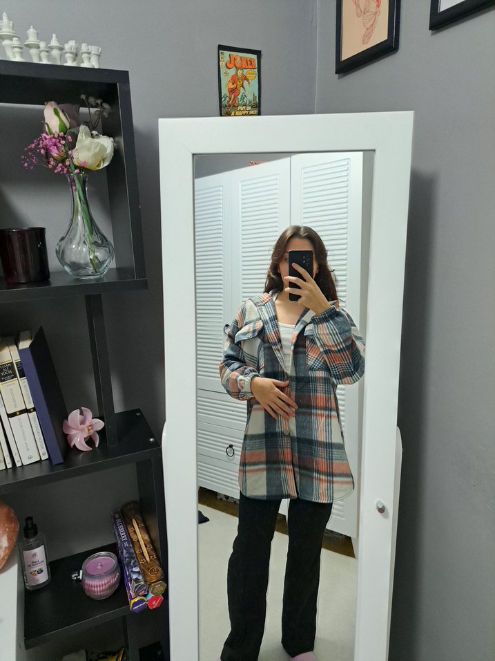 Çok Renkli Ekose Kapüşonlu Kadın kalın Gömlek - Görsel 2