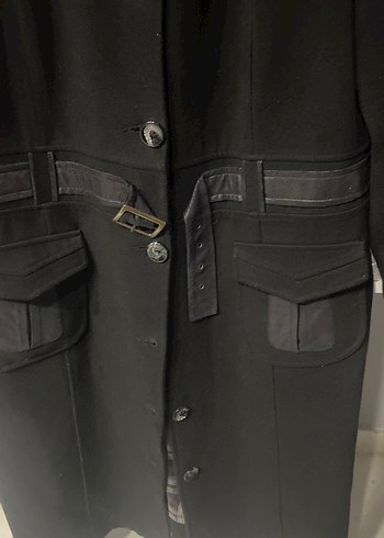 Siyah Deri Kemerli Uzun Kadın Kaban - Görsel 2