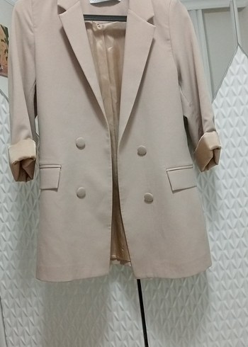s Beden Bej Kadın Uzun Kesim Düğmeli Blazer Ceket