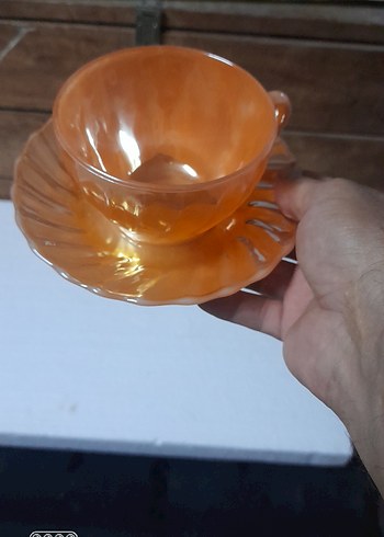 American Vintage Parlak Turuncu Cam çay Fincanı ve Tabak