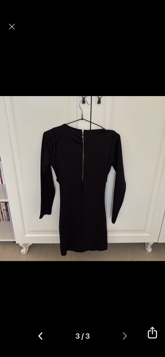 Drapeli Siyah V Yaka Uzun Kollu Midi Elbise - Görsel 2