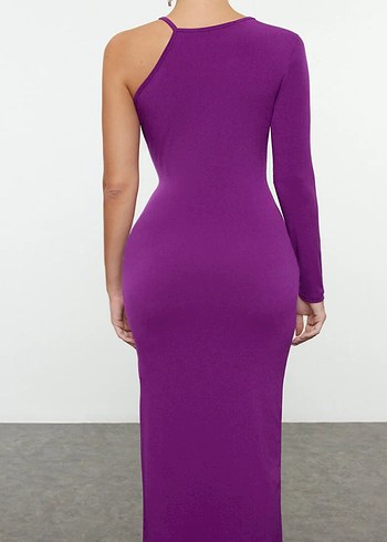 Mor Uzun Kollu Asimetrik Kalem Elbise - Görsel 2