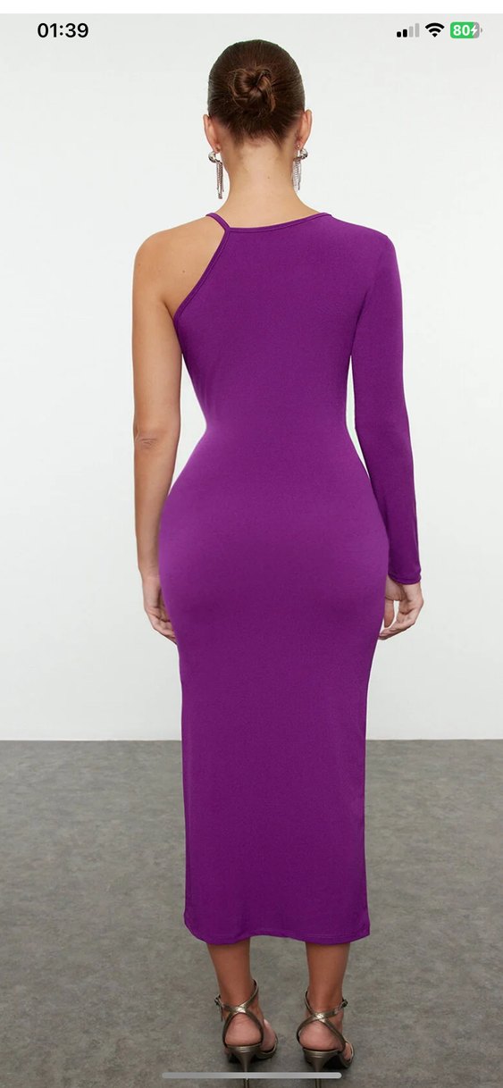 Mor Uzun Kollu Asimetrik Kalem Elbise - Görsel 2