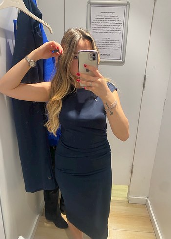 Koyu Mavi Yüksek Yakalı Midi Elbise - Görsel 2