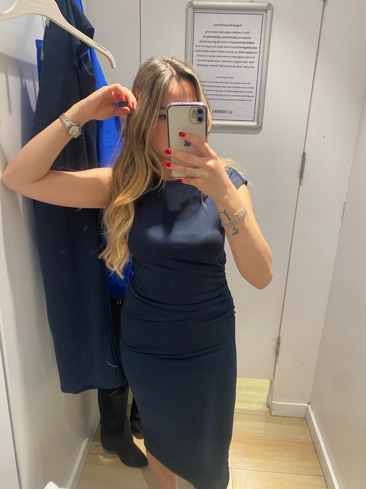 Koyu Mavi Yüksek Yakalı Midi Elbise - Görsel 2