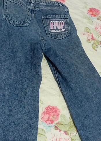 10 Yaş Beden Baskılı, Yırtmaçlı Mavi Kadın Denim Pantolon