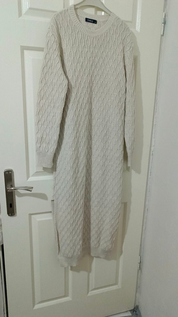 Uzun Kollu Krem Triko Kadın Elbise - Görsel 2