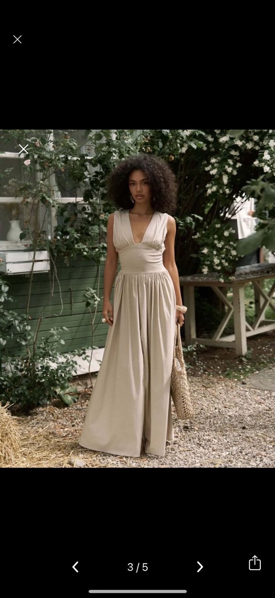 Bej V Yakalı Bohem Uzun Elbise - Görsel 3