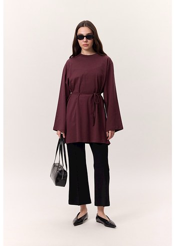 Bordo Uzun Kollu Salaş Midi Tunik - Görsel 2