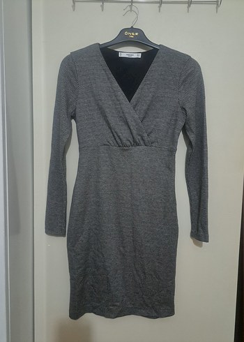 Gri V Yakalı Pilili Triko Elbise 36,38 - Görsel 2